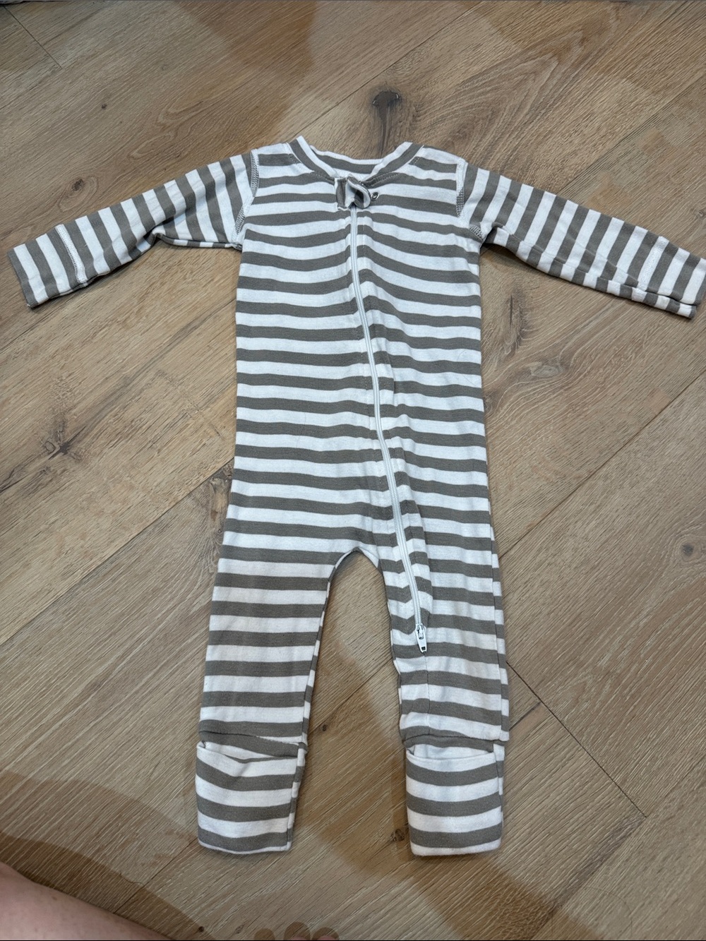 Striped Taupe and White Baby Footie — Long Sleeve Zip One-Piece